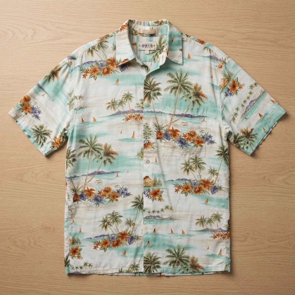 Campia Moda Mens Medium Hawaiian Shirt Teal Rayon Tropical Palm Tree Button Down
